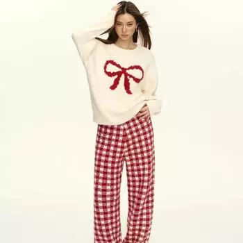 Женская повседневная пижама с длинными рукавами и круглым вырезом, клетчатые брюки, комплект из двух предметов, пижама, домашняя одежда, свободная одежда для отдыха One Size красный