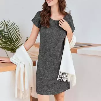 Женская повседневная пижама в рубчик, трикотажное платье с коротким рукавом и повседневным круглым вырезом L