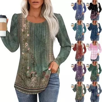 Женская повседневная плиссированная футболка с круглым вырезом и длинными рукавами с принтом S чёрный