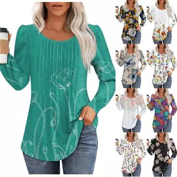 Женская повседневная плиссированная футболка с круглым вырезом и длинными рукавами с градиентным принтом M красный