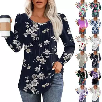 Женская повседневная плиссированная футболка с круглым вырезом и длинными рукавами с принтом XXXL чёрный