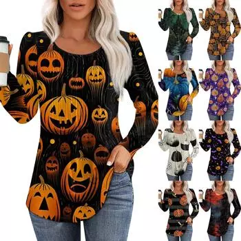 Женская повседневная плиссированная футболка с круглым вырезом и длинными рукавами с принтом XXL синий