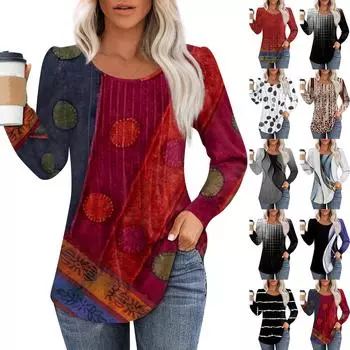 Женская повседневная плиссированная футболка с круглым вырезом и длинными рукавами с градиентным принтом XXXL серый