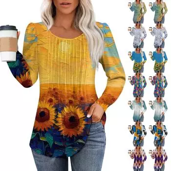 Женская повседневная плиссированная футболка с круглым вырезом и длинными рукавами с градиентным принтом XXL