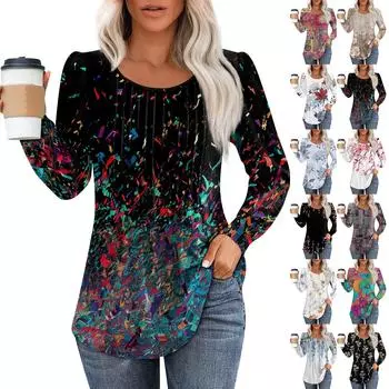 Женская повседневная плиссированная футболка с круглым вырезом и длинными рукавами с принтом XXXL чёрный