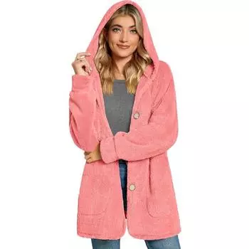 Женская повседневная плюшевая куртка с капюшоном и длинными рукавами и карманами на пуговицах L чёрный