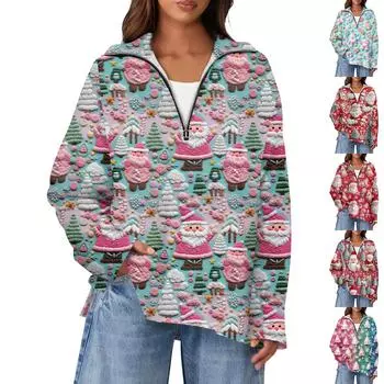 Женская повседневная полумолния с лацканами и рождественским принтом, пуловер с разрезом сверху и сбоку, модная одежда L красный