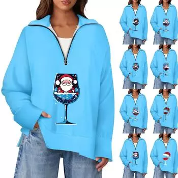 Женская повседневная полумолния с лацканами и рождественским принтом, пуловер, топы с боковыми разрезами, модная одежда XXXL