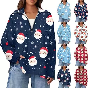 Женская повседневная полумолния с лацканами и рождественским принтом, пуловер, топы с боковыми разрезами, модная одежда M винный