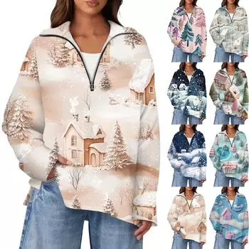 Женская повседневная полумолния с лацканами и рождественским принтом, пуловер, топы с боковыми разрезами, модная одежда XXXL красный