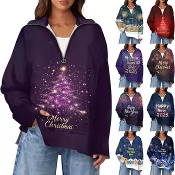 Женская повседневная полумолния с лацканами и рождественским принтом, пуловер, топы с боковыми разрезами, модная одежда L красный