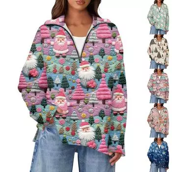 Женская повседневная полумолния с лацканами и рождественским принтом, пуловер с разрезом сверху и сбоку, модная одежда S