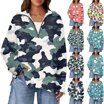 Женская повседневная полумолния с лацканами и рождественским принтом, пуловер, топы с боковыми разрезами, модная одежда L темно-фиолетового