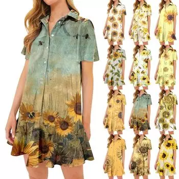 Женская повседневная полуоткрытая рубашка с рюшами и принтом подсолнуха, платья с короткими рукавами L бронзовый