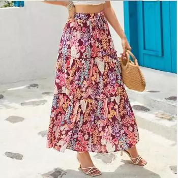 Женская повседневная полуюбка с высокой талией и принтом на летние каникулы и большой подол S красный