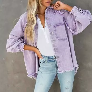 Женская повседневная потертая джинсовая куртка с кисточками и отверстиями, свободная однотонная джинсовая куртка M