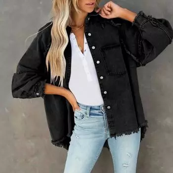Женская повседневная потертая джинсовая куртка с кисточками и отверстиями, свободная однотонная джинсовая куртка L чёрный