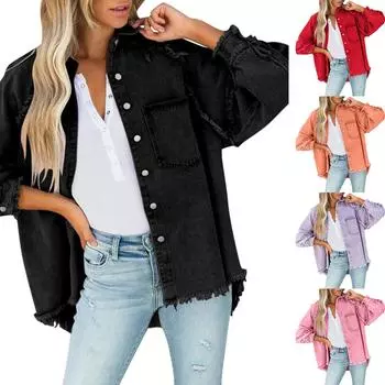 Женская повседневная потертая джинсовая куртка с кисточками и отверстиями, свободная однотонная джинсовая куртка