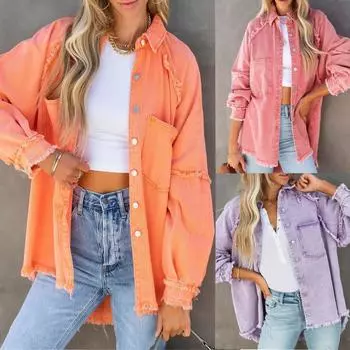 Женская повседневная потертая джинсовая куртка с кисточками и отверстиями, свободная однотонная джинсовая куртка XL розовый