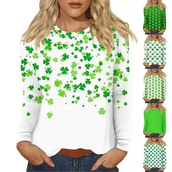 Женская повседневная повседневная рубашка с длинным рукавом. Топ с круглым вырезом и принтом ко Дню Святого Патрика M