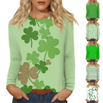 Женская повседневная повседневная рубашка с длинным рукавом. Топ с круглым вырезом и принтом ко Дню Святого Патрика XXXL
