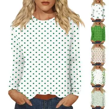 Женская повседневная повседневная рубашка с длинным рукавом. Топ с круглым вырезом и принтом ко Дню Святого Патрика S