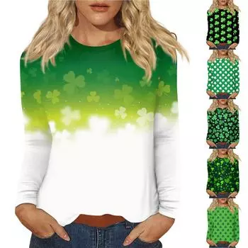 Женская повседневная повседневная рубашка с длинным рукавом. Топ с круглым вырезом и принтом ко Дню Святого Патрика M