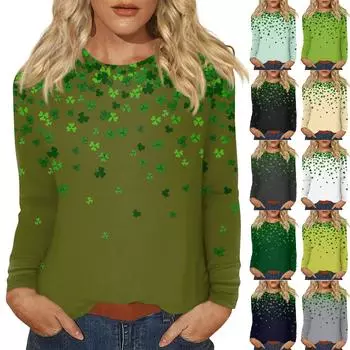 Женская повседневная повседневная рубашка с длинным рукавом. Топ с круглым вырезом и принтом ко Дню Святого Патрика L бежевый