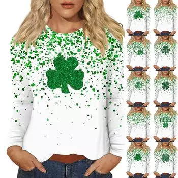 Женская повседневная повседневная рубашка с длинным рукавом. Топ с круглым вырезом и принтом ко Дню Святого Патрика M