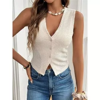 Женская повседневная простая универсальная футболка с V-образным вырезом и тремя пуговицами S абрикосовый