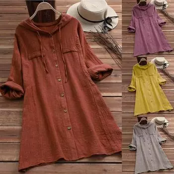 Женская повседневная пуговица размера плюс, хлопковые топы, футболка, свободная блузка с карманом и капюшоном L серый