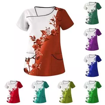 Женская повседневная рабочая одежда с цветочным принтом и коротким рукавом с наклонным воротником и двойными карманами XL