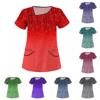 Женская повседневная рабочая одежда с цветочным принтом и коротким рукавом с наклонным воротником и двойными карманами S