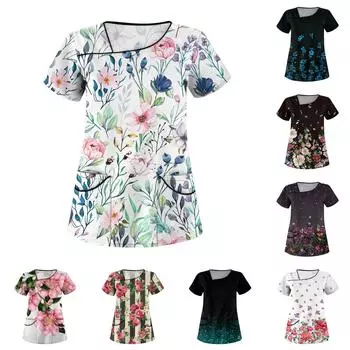 Женская повседневная рабочая одежда с короткими рукавами и наклонным воротником с принтом и двойными карманами L