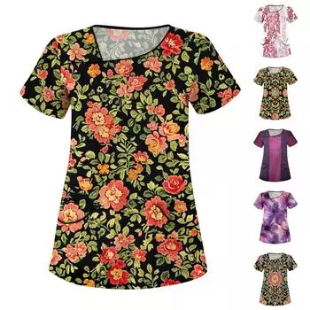 Женская повседневная рабочая одежда с короткими рукавами и наклонным воротником с принтом и двойными карманами L армия зеленый