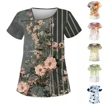 Женская повседневная рабочая одежда с короткими рукавами и наклонным воротником с принтом и двойными карманами L армия зеленый