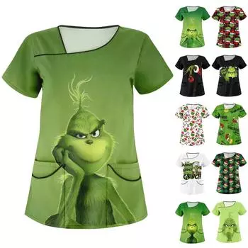 Женская повседневная рабочая одежда с короткими рукавами с рождественским мультяшным принтом и верхом с двойными карманами M