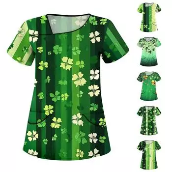 Женская повседневная рабочая одежда с короткими рукавами и наклонным воротником с принтом и двойными карманами L армия зеленый