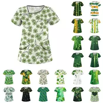 Женская повседневная рабочая одежда с короткими рукавами и наклонным воротником с принтом и двойными карманами XXL