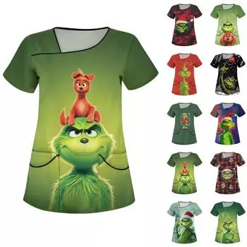 Женская повседневная рабочая одежда с короткими рукавами и наклонным воротником с принтом и двойными карманами XXXL чёрный