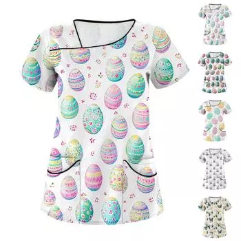 Женская повседневная рабочая одежда с короткими рукавами и наклонным воротником с принтом и двойными карманами XXXXXL