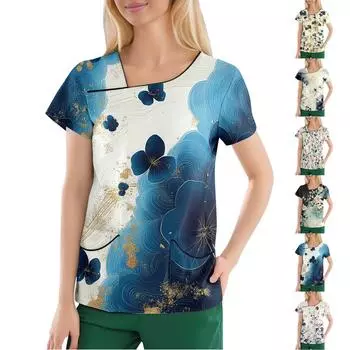 Женская повседневная рабочая одежда с короткими рукавами и наклонным воротником с принтом и двойными карманами L бежевый