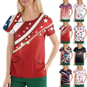 Женская повседневная рабочая одежда с короткими рукавами и наклонным воротником с принтом и двойными карманами XXXXXL киноварь