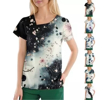 Женская повседневная рабочая одежда с короткими рукавами и наклонным воротником с принтом и двойными карманами XXXL синий