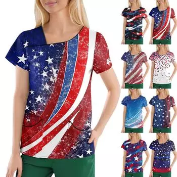 Женская повседневная рабочая одежда с короткими рукавами и наклонным воротником с принтом и двойными карманами XL белый