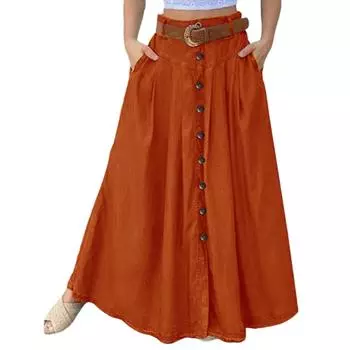 Женская повседневная ретро-юбка с высокой талией, однотонная, с запахом, пуговицами, свободным поясом и карманом L оранжевый