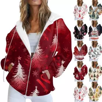 Женская повседневная рождественская печатная толстовка на осень и зиму с длинными рукавами и карманом на молнии с капюшоном XXL