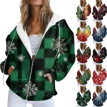 Женская повседневная рождественская печатная толстовка на осень и зиму с длинными рукавами и карманом на молнии с капюшоном XL