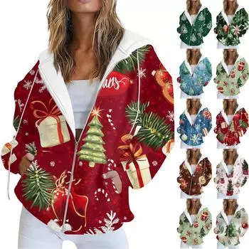 Женская повседневная рождественская печатная толстовка на осень и зиму с длинными рукавами и карманом на молнии с капюшоном L