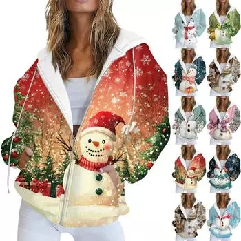 Женская повседневная рождественская печатная толстовка на осень и зиму с длинными рукавами и карманом на молнии с капюшоном L